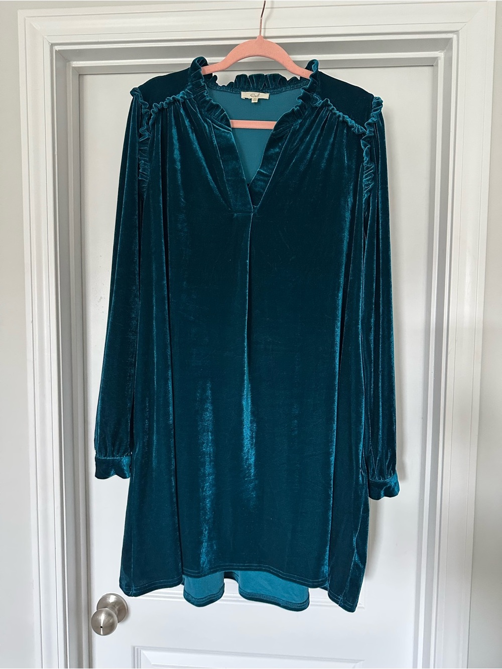 Easel Teal Velvet Long-Sleeve Ruffle-Trim Dress